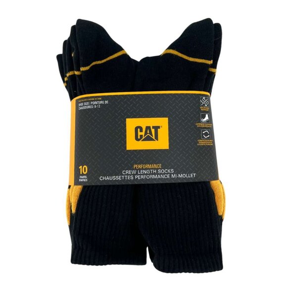 CAT | Men's Performance Crew Socks | 10 Pack | Black & Yellow | Size 8-12 - Picture 1 of 2